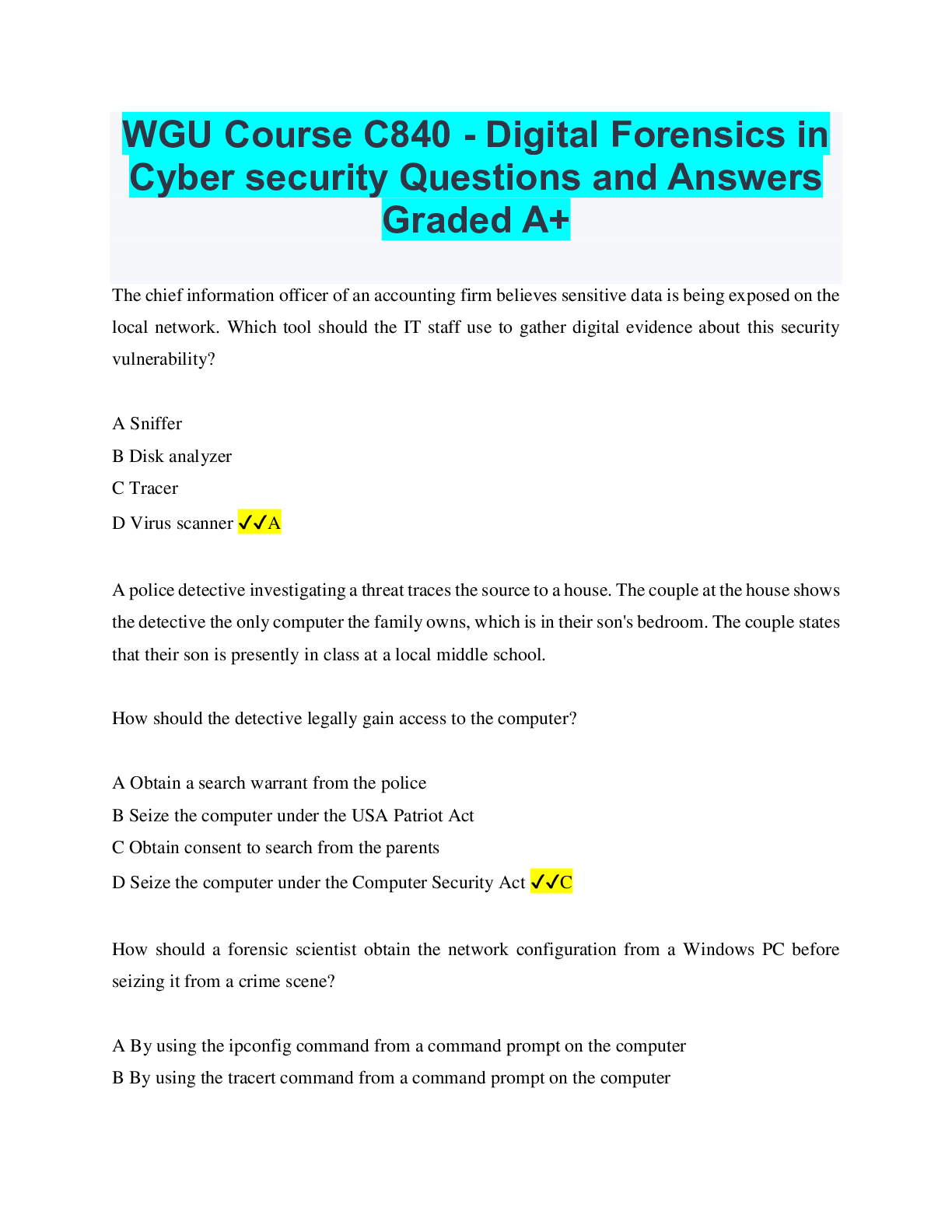 WGU Course C840 Digital Forensics in Cyber security Bundled Questions